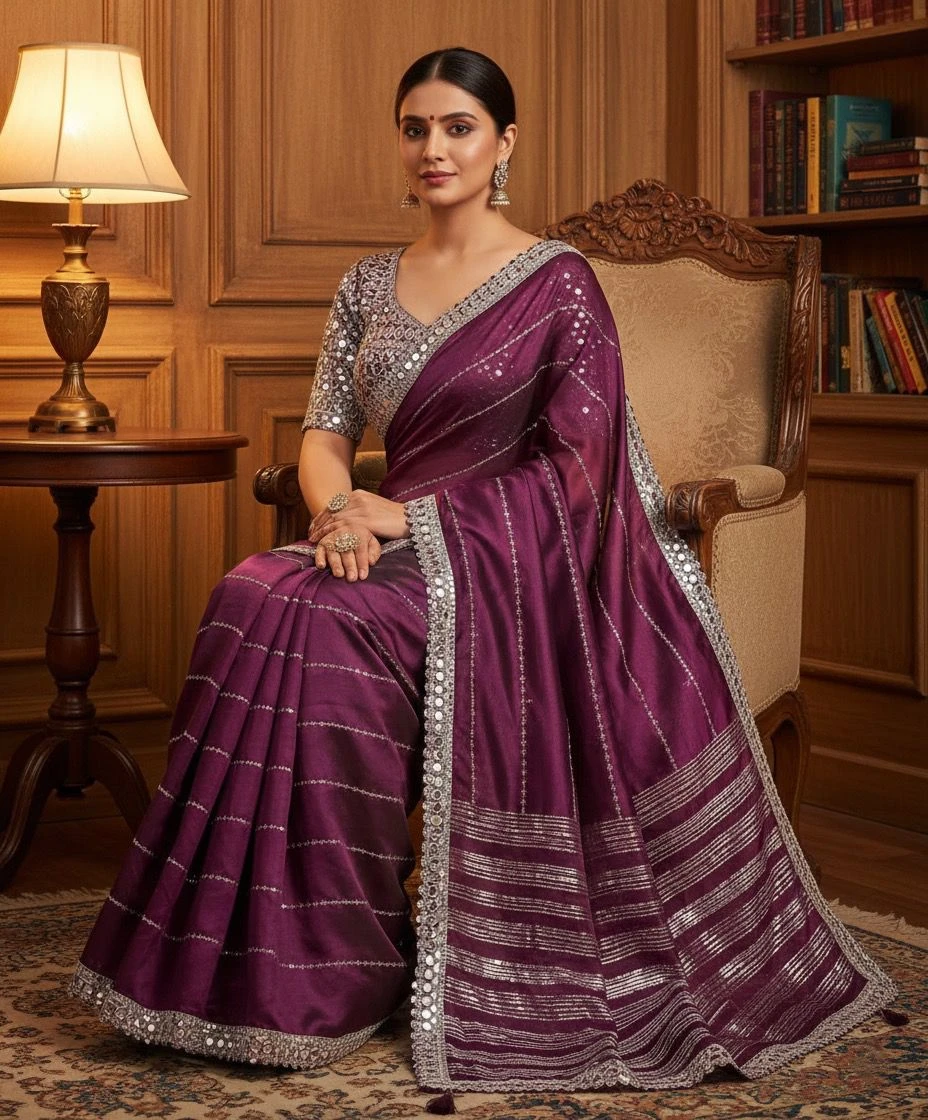 Elegant Royal Purple Silk Saree with Mirror Work Border and Sequin Blouse