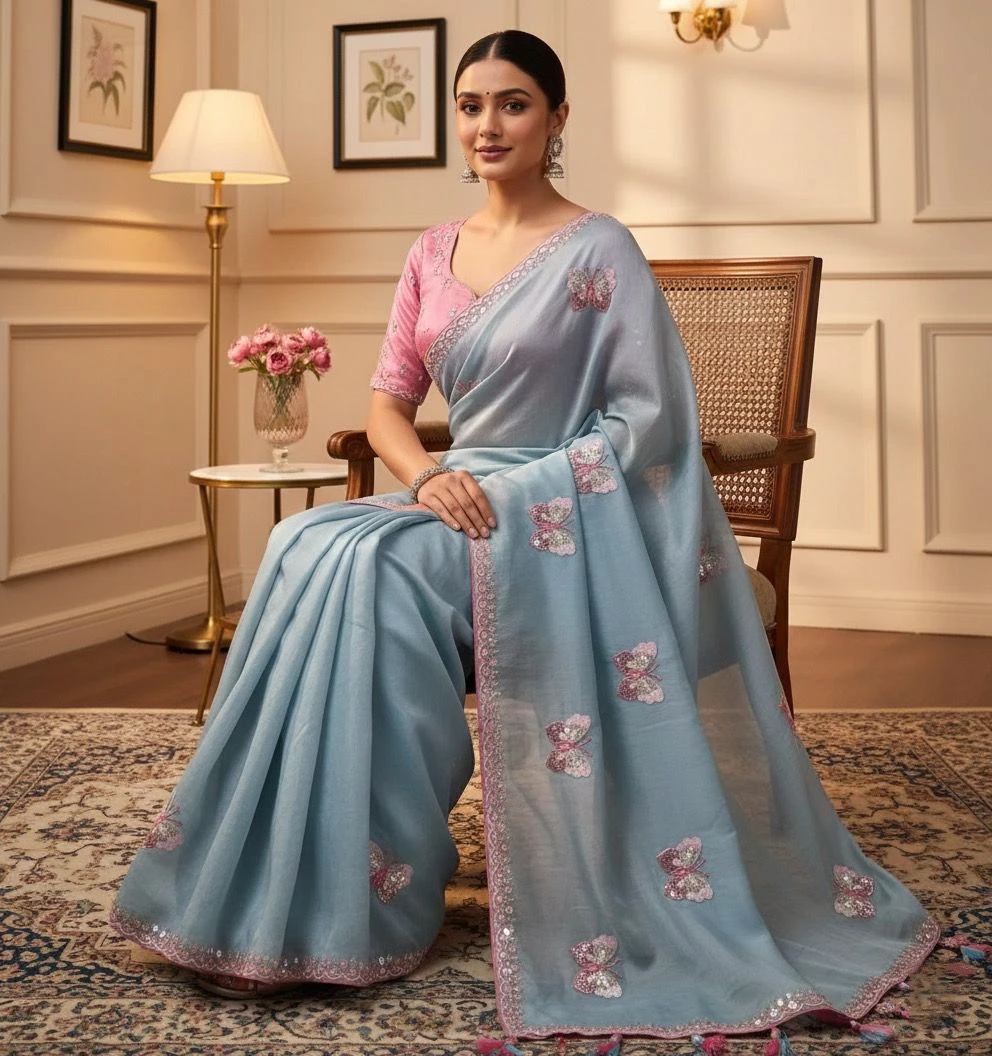Pastel Blue Organza Saree with Pink Butterfly Embroidery and Sequin Border