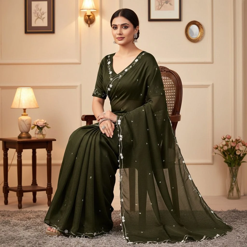 Elegant Olive Green Chiffon Saree with Delicate White Floral Embroidery